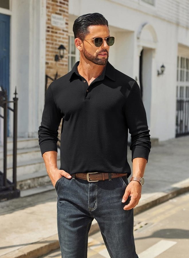 COOFANDY Mens Long Sleeve Polo Shirts Classic Casual Button Polo Tee Lightweight Collared Golf Shirt, 01-black, XXL - Image 4