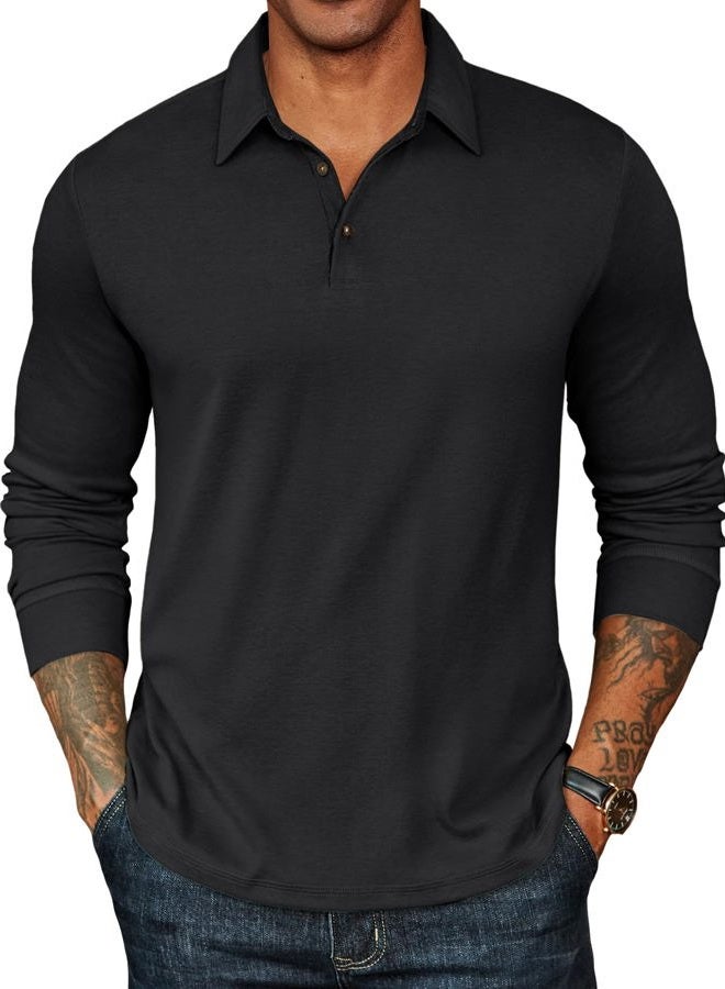 COOFANDY Mens Long Sleeve Polo Shirts Classic Casual Button Polo Tee Lightweight Collared Golf Shirt, 01-black, XXL - Image 1