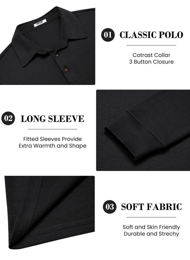 COOFANDY Mens Long Sleeve Polo Shirts Classic Casual Button Polo Tee Lightweight Collared Golf Shirt, 01-black, XXL - Image 5