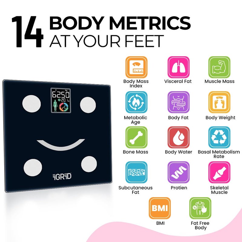 iGRiD Smart Bluetooth BMI Weight Machine for Body Weight, 14 Essential Parameters with ALFit App, Body Fat Analyzer, Full Body Composition Scale with LED Light, Lightweight & Portable, 1-Year Warranty - Image 2