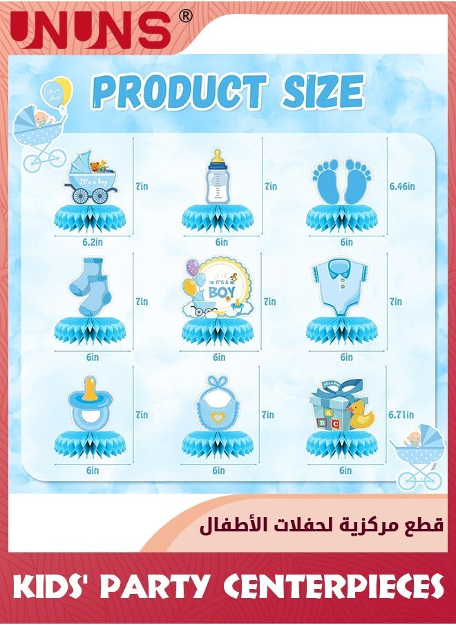 UNUNS Kids' Party Favors,9 Pcs Blue Baby Boy Honeycomb Centerpieces Table Decor,Gender Reveal Boy Baby Shower Floral Decor,Welcome Newborn Pattern Table Topper Ornaments,Birthday Party Decorations,Blue - Image 2