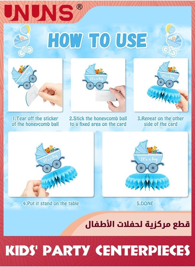 UNUNS Kids' Party Favors,9 Pcs Blue Baby Boy Honeycomb Centerpieces Table Decor,Gender Reveal Boy Baby Shower Floral Decor,Welcome Newborn Pattern Table Topper Ornaments,Birthday Party Decorations,Blue - Image 3