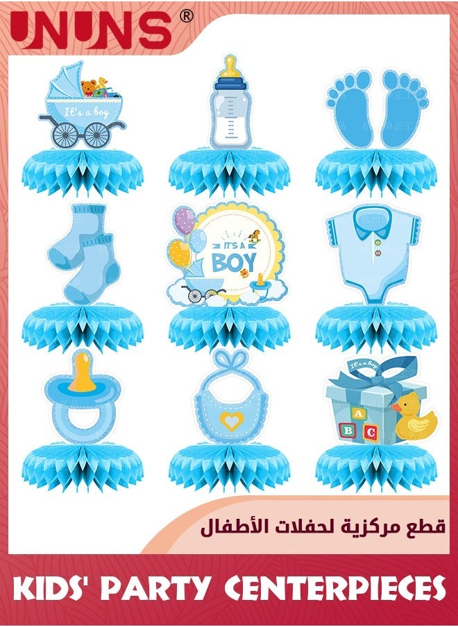 UNUNS Kids' Party Favors,9 Pcs Blue Baby Boy Honeycomb Centerpieces Table Decor,Gender Reveal Boy Baby Shower Floral Decor,Welcome Newborn Pattern Table Topper Ornaments,Birthday Party Decorations,Blue - Image 1
