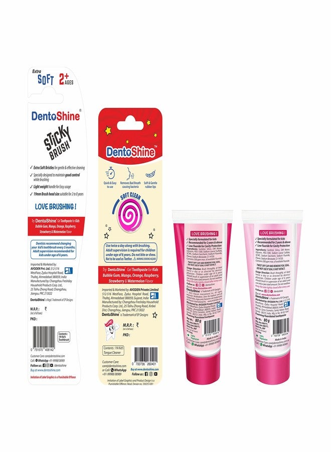 DentoShine Oral Care Combo Ages 2+ (Sticky Toothbrush for Kids + Lollipop Tongue Cleaner + Flavored Toothpaste 80 g x 2) (Strawberry) - Image 5