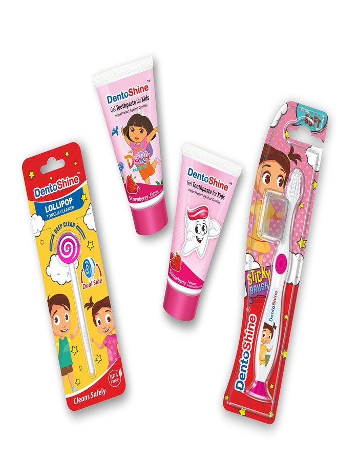 DentoShine Oral Care Combo Ages 2+ (Sticky Toothbrush for Kids + Lollipop Tongue Cleaner + Flavored Toothpaste 80 g x 2) (Strawberry) - Image 1