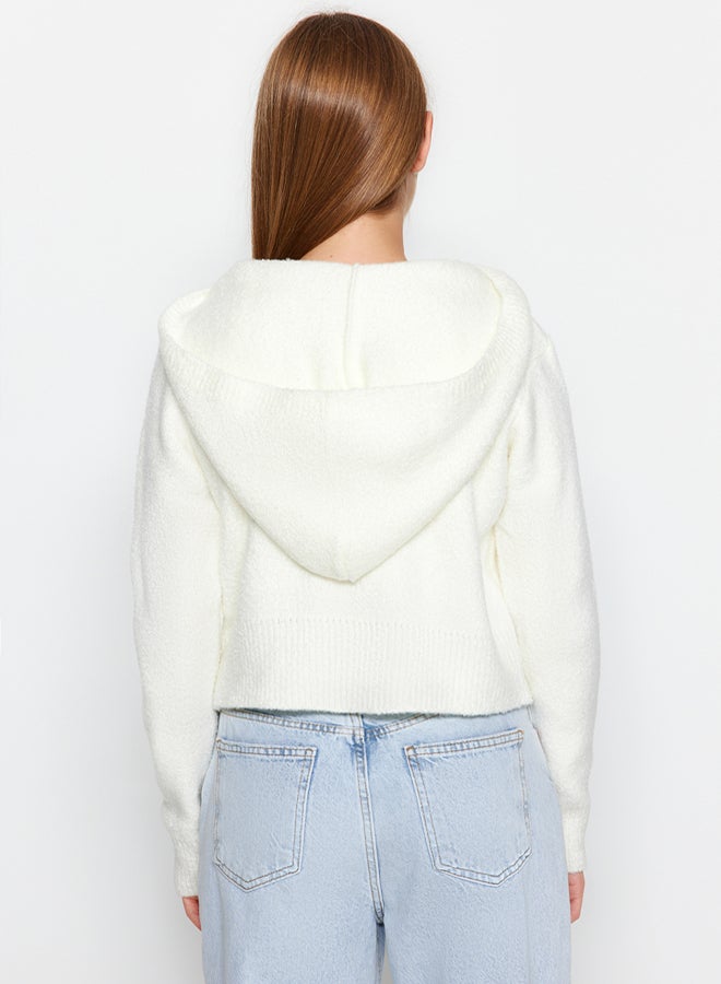 trendyol Ecru Crop Hooded Textured Zippered Knitwear Cardigan - Image 4