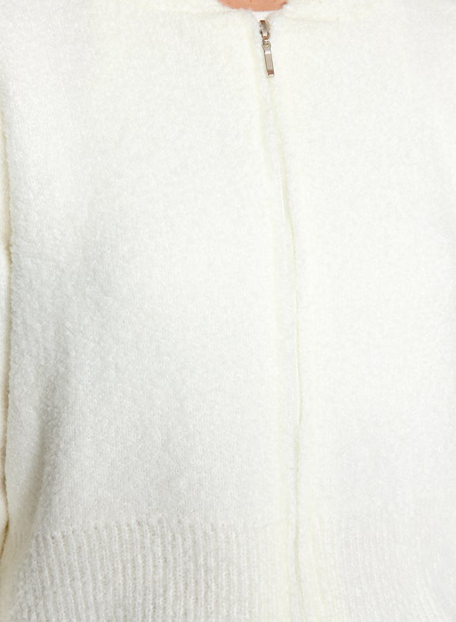 trendyol Ecru Crop Hooded Textured Zippered Knitwear Cardigan - Image 3