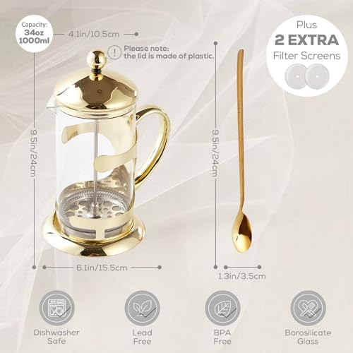 DUJUST Gold French Press Coffee Maker, Luxury Design French Coffee Press with 4-Level Filter System, High-Grade Glass for Hot & Cold Resistance, Include Long Size 304 Stainless Steel Spoon - 34oz - Image 5