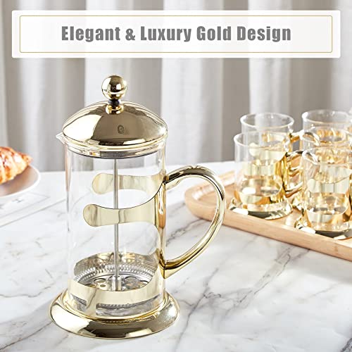 DUJUST Gold French Press Coffee Maker, Luxury Design French Coffee Press with 4-Level Filter System, High-Grade Glass for Hot & Cold Resistance, Include Long Size 304 Stainless Steel Spoon - 34oz - Image 2