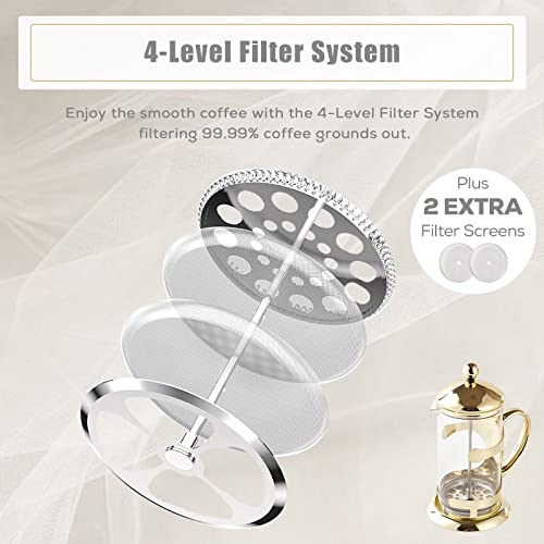 DUJUST Gold French Press Coffee Maker, Luxury Design French Coffee Press with 4-Level Filter System, High-Grade Glass for Hot & Cold Resistance, Include Long Size 304 Stainless Steel Spoon - 34oz - Image 3