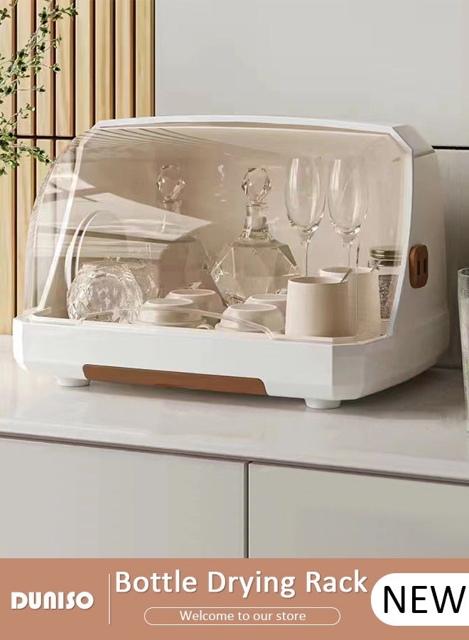 DUNISO Baby Bottle Drying Rack, Vertical Baby Bottle Storage with Anti-dust Cover, Tableware Drying Rack with Pull-Out Drain Board, Portable Kitchen Cabinet Organizer with Haft, Cup Storage Box for Home Kitchen - Image 1