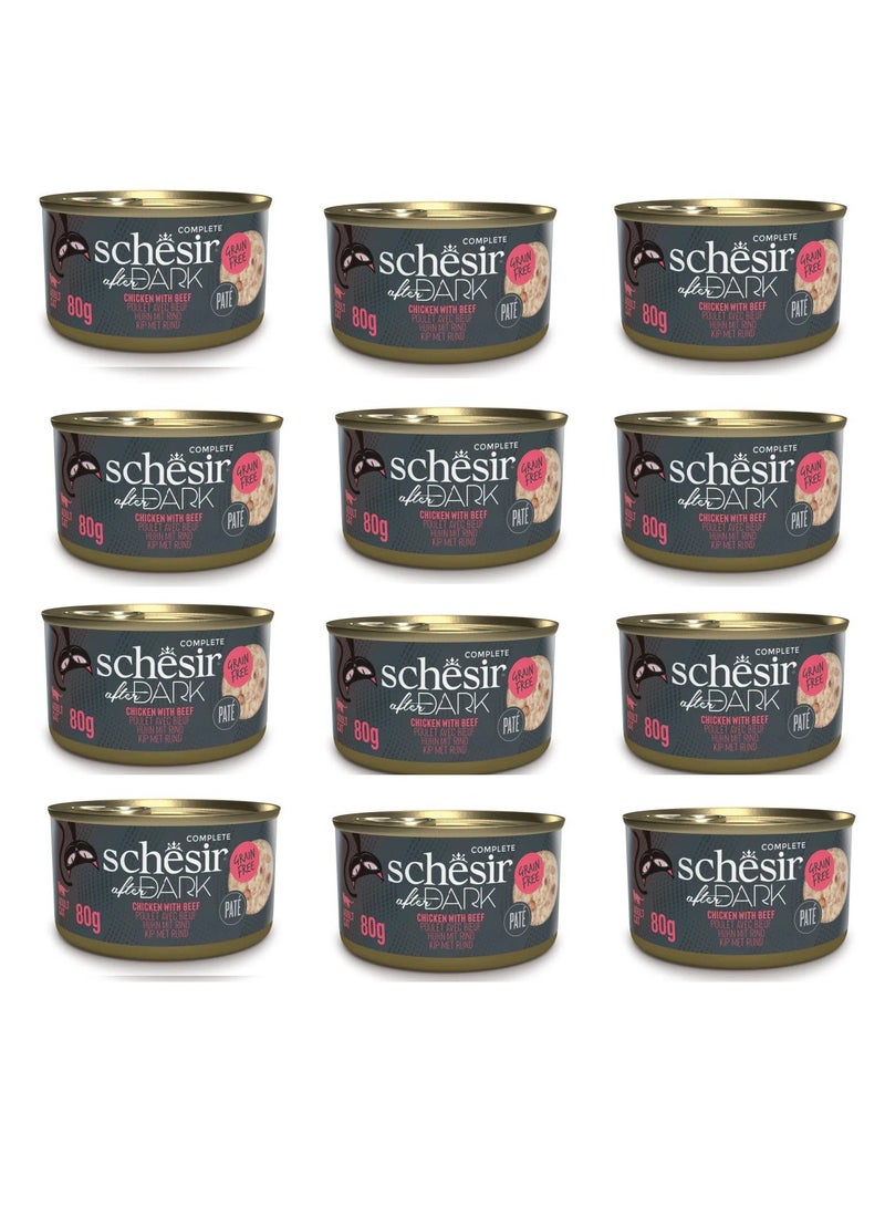 Schesir Set of 12 After Dark Chicken with Beef in PATE Grain-Free Canned Cat Wet Food - 80g 