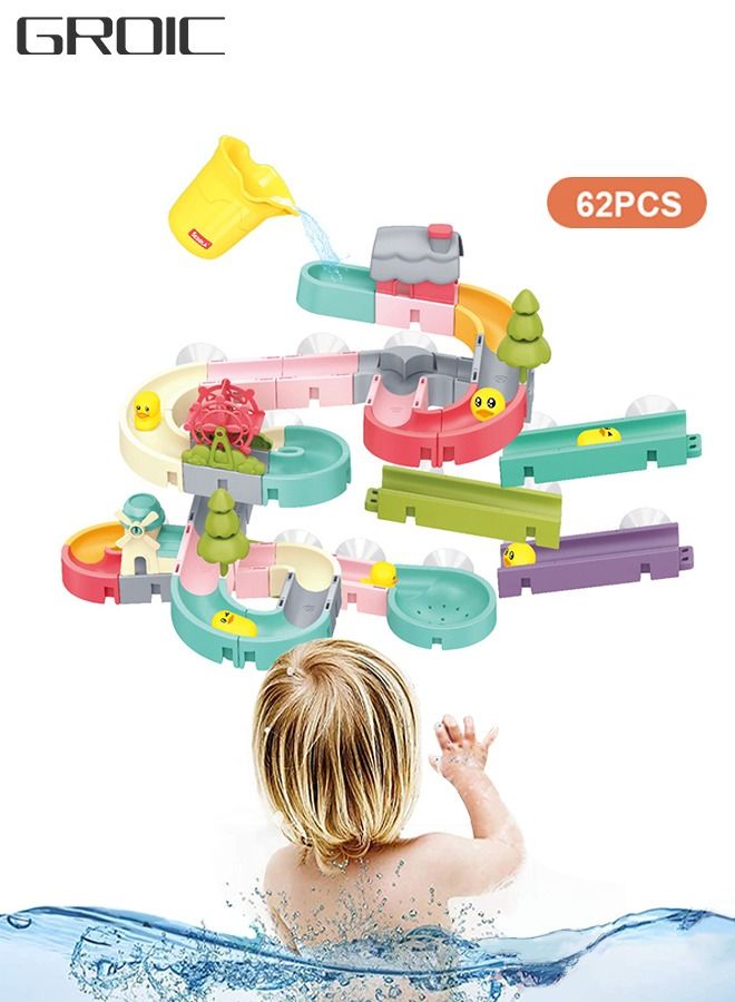 GROIC 62 Pcs Kids Bath Toys Duck Slide Splash Smile Water Ball Track Stick to Wall Bathtub Toy for Toddlers DIY Waterfall Pipe and Tubes Tub with Suction Wheels Gift Boys Girls - Image 1