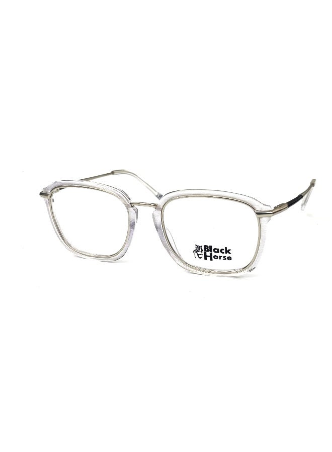 Black Horse Unisex eyeglasses made of premium original pure acetate, offering durability and a refined look. The front frame comes in a soft off-white transparent color for a neutral, stylish vibe, paired with metal temples that enhance the modern and lightweight feel. Perfect for daily use, whether for work or casual occasions.