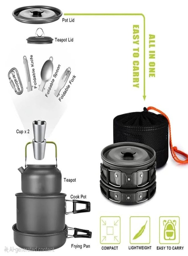 DPCR 12-Piece Camping Cookware Mess Kit with Portable Tea Pot, Lightweight Nonstick Pot & Pan Set with Spork, Bowls, Sponge & Travel Bag - Compact Outdoor Cooking Gear for Backpacking, Hiking - Image 2