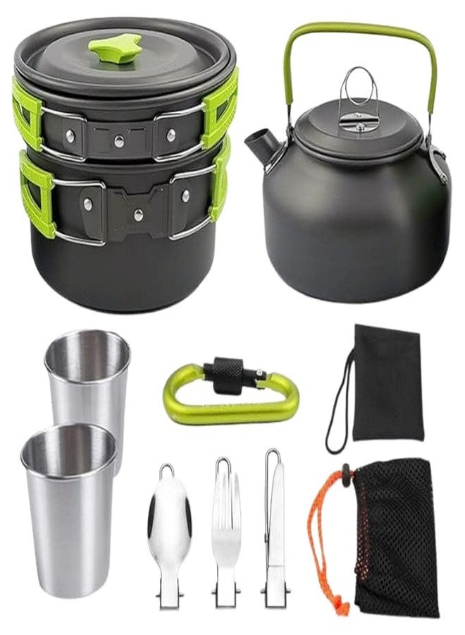 DPCR 12-Piece Camping Cookware Mess Kit with Portable Tea Pot, Lightweight Nonstick Pot & Pan Set with Spork, Bowls, Sponge & Travel Bag - Compact Outdoor Cooking Gear for Backpacking, Hiking - Image 1