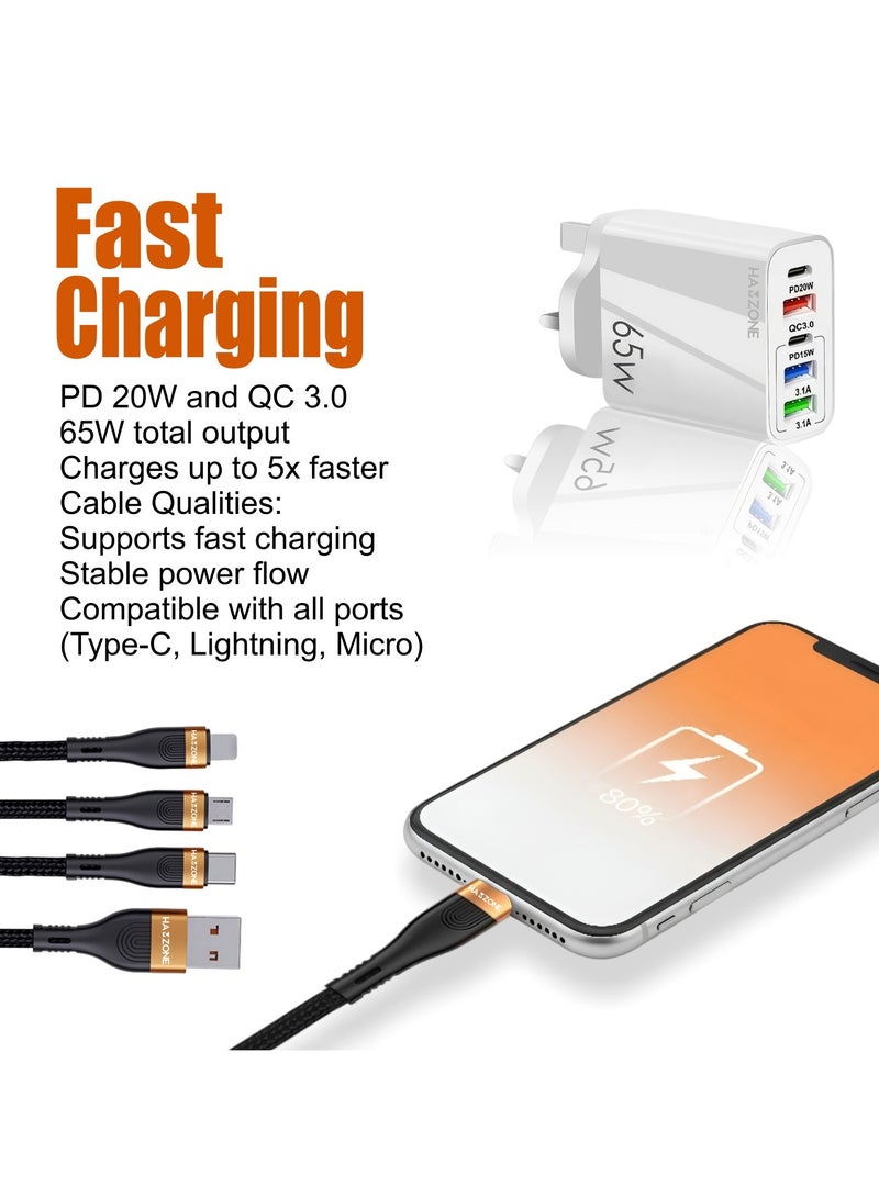 هامزون شاحن سريع 65 وات، شاحن حائط USB متعدد المنافذ مع PD وQC، كابل شحن 3 في 1 متضمن، متوافق مع iPhone وSamsung وHuawei والمزيد - Image 2