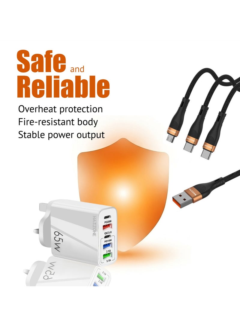 هامزون شاحن سريع 65 وات، شاحن حائط USB متعدد المنافذ مع PD وQC، كابل شحن 3 في 1 متضمن، متوافق مع iPhone وSamsung وHuawei والمزيد - Image 3