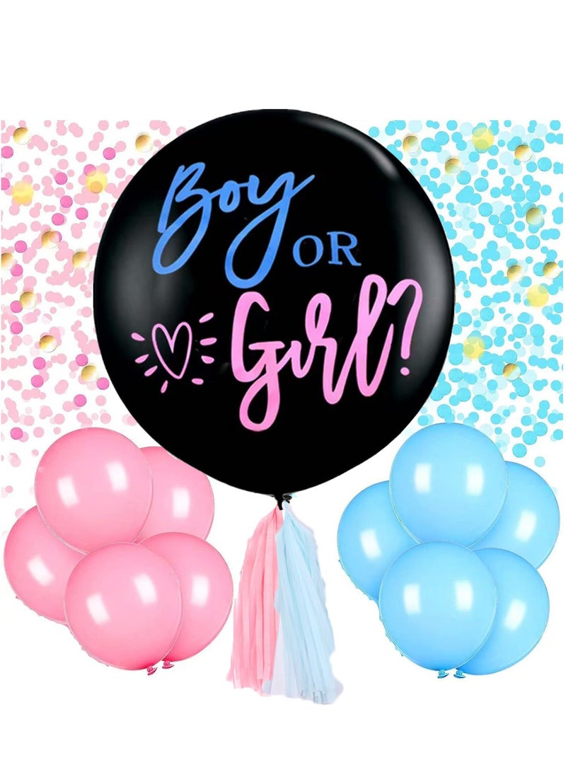 Giant Gender Reveal Balloon Kit, 1 piece 36" black balloon with blue pink tassel and heart confetti for baby shower