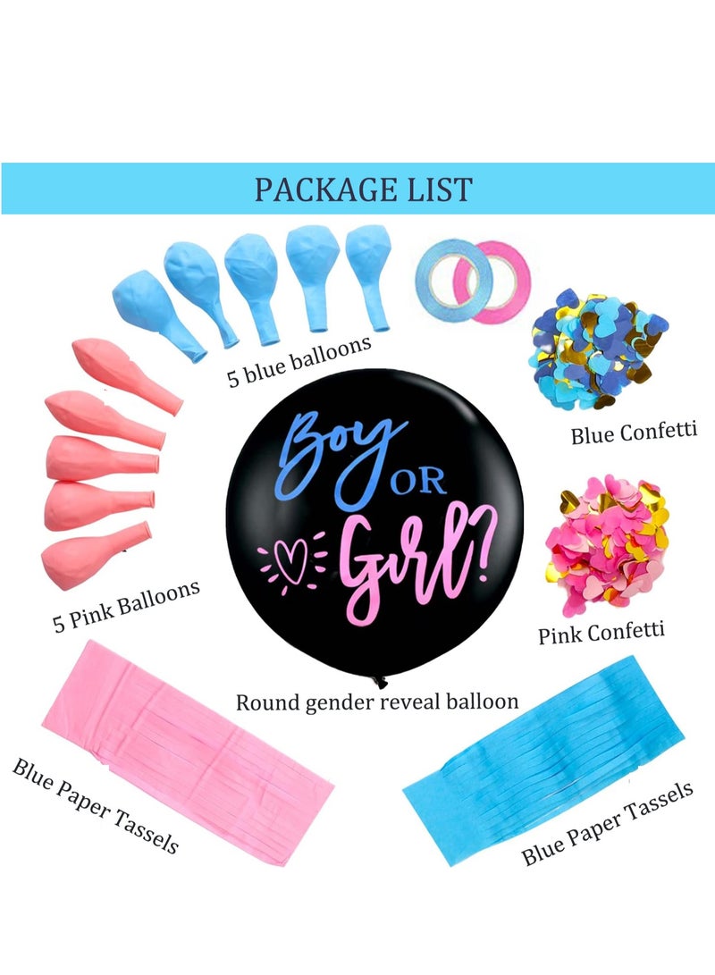 Giant Gender Reveal Balloon Kit, 1 piece 36" black balloon with blue pink tassel and heart confetti for baby shower