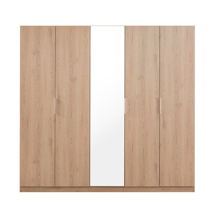 DANUBE HOME Float 5 Door Wardrobe With 1 Mirror | Sturdy Closet Clothes Storage Cupboard | Modern Design Space Saving Swing Door Cabinet For Bedroom L226.6xW59.6xH216cm-Natural Oak - Image 1