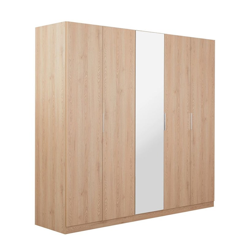 DANUBE HOME Float 5 Door Wardrobe With 1 Mirror | Sturdy Closet Clothes Storage Cupboard | Modern Design Space Saving Swing Door Cabinet For Bedroom L226.6xW59.6xH216cm-Natural Oak - Image 5