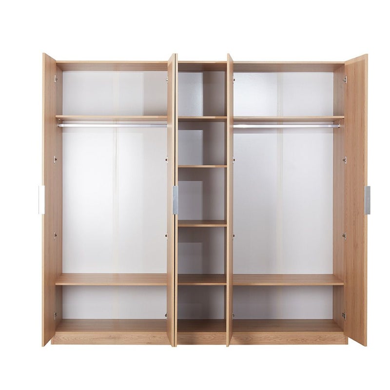 DANUBE HOME Float 5 Door Wardrobe With 1 Mirror | Sturdy Closet Clothes Storage Cupboard | Modern Design Space Saving Swing Door Cabinet For Bedroom L226.6xW59.6xH216cm-Natural Oak - Image 2