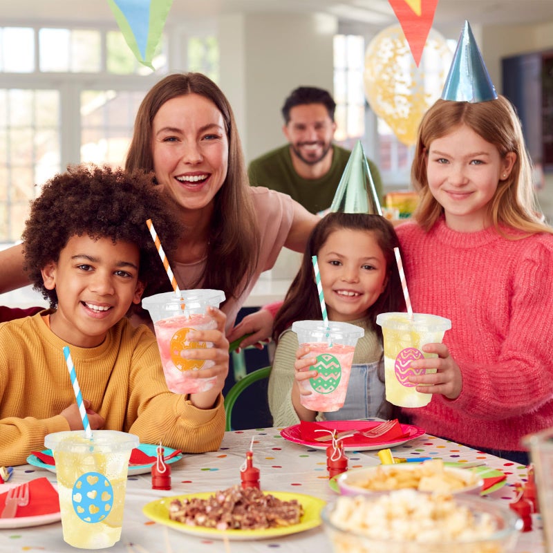 Whaline أكواب بلاستيكية قابلة للتصرف من واهلين 60 قطعة مع أغطية وقش 12 أونصة بنمط بيض ملون لمشروبات باردة لحفلات عيد الربيع واحتفالات أعياد الميلاد - Image 5