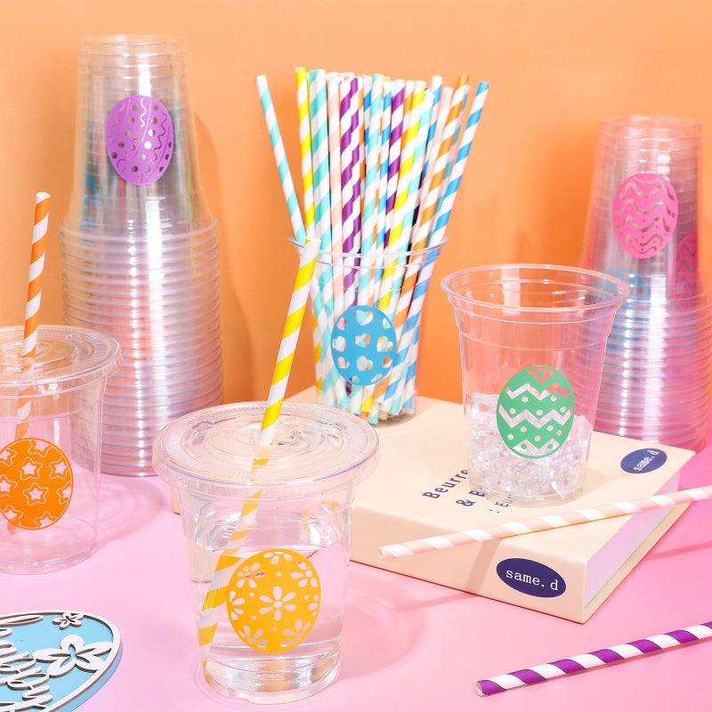 Whaline أكواب بلاستيكية قابلة للتصرف من واهلين 60 قطعة مع أغطية وقش 12 أونصة بنمط بيض ملون لمشروبات باردة لحفلات عيد الربيع واحتفالات أعياد الميلاد - Image 4