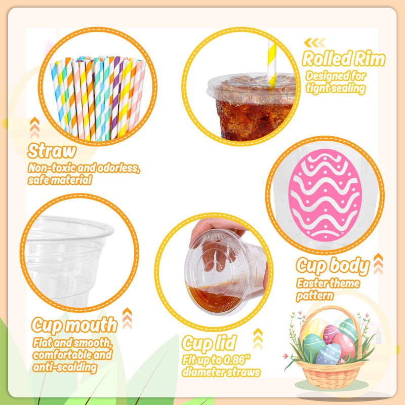 Whaline أكواب بلاستيكية قابلة للتصرف من واهلين 60 قطعة مع أغطية وقش 12 أونصة بنمط بيض ملون لمشروبات باردة لحفلات عيد الربيع واحتفالات أعياد الميلاد - Image 3
