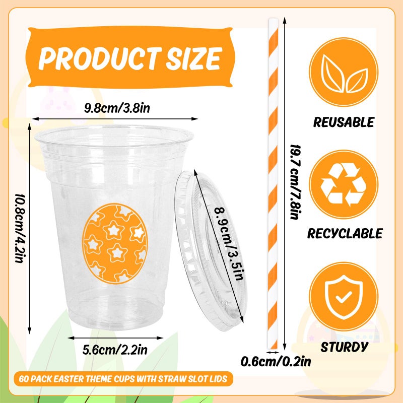Whaline أكواب بلاستيكية قابلة للتصرف من واهلين 60 قطعة مع أغطية وقش 12 أونصة بنمط بيض ملون لمشروبات باردة لحفلات عيد الربيع واحتفالات أعياد الميلاد - Image 2