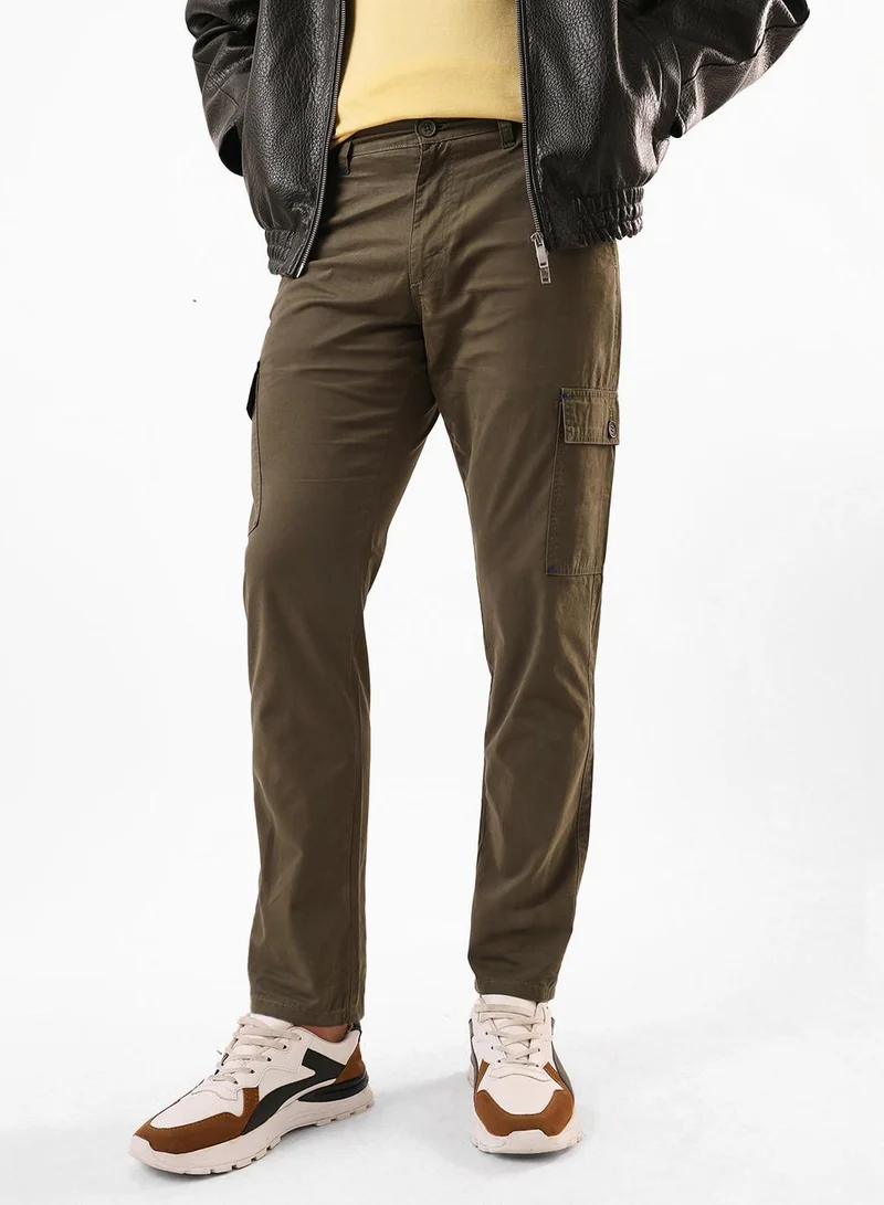 Men's Olive 100% Cotton Full Slim Fit Cargo Trouser