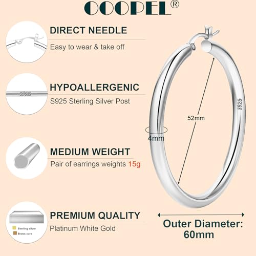 OOOPEL 4mm Thick Gold Chunky Hoop Earrings - Sterling Silver Post, Hollow Tube, Hypoallergenic Lightweight Large Hoops For Women - 20/30/40/50/60MM - Image 3