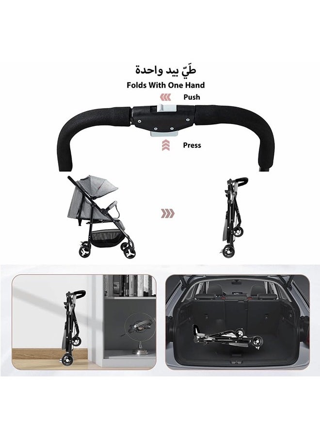 Baby Stroller With Removable Armrests,One-Hand Foldable Pushchair,Adjustable Backrest & Canopy,Suitable for Different Road Conditions,Large Storage Basket,Suitable for 0-3 Years Old