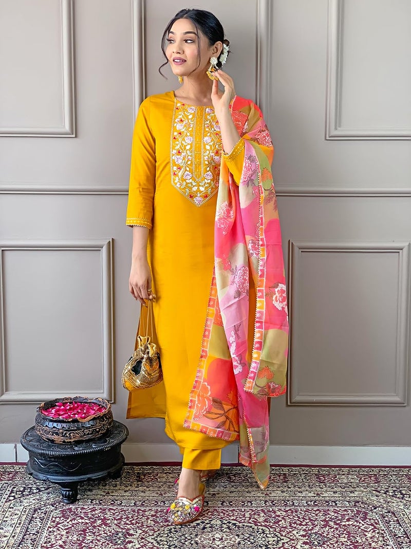Naixa Women's Rayon Embroidered Straight Kurta with Pant and Dupatta Sets (NX-506-Yellow-M) - Image 5