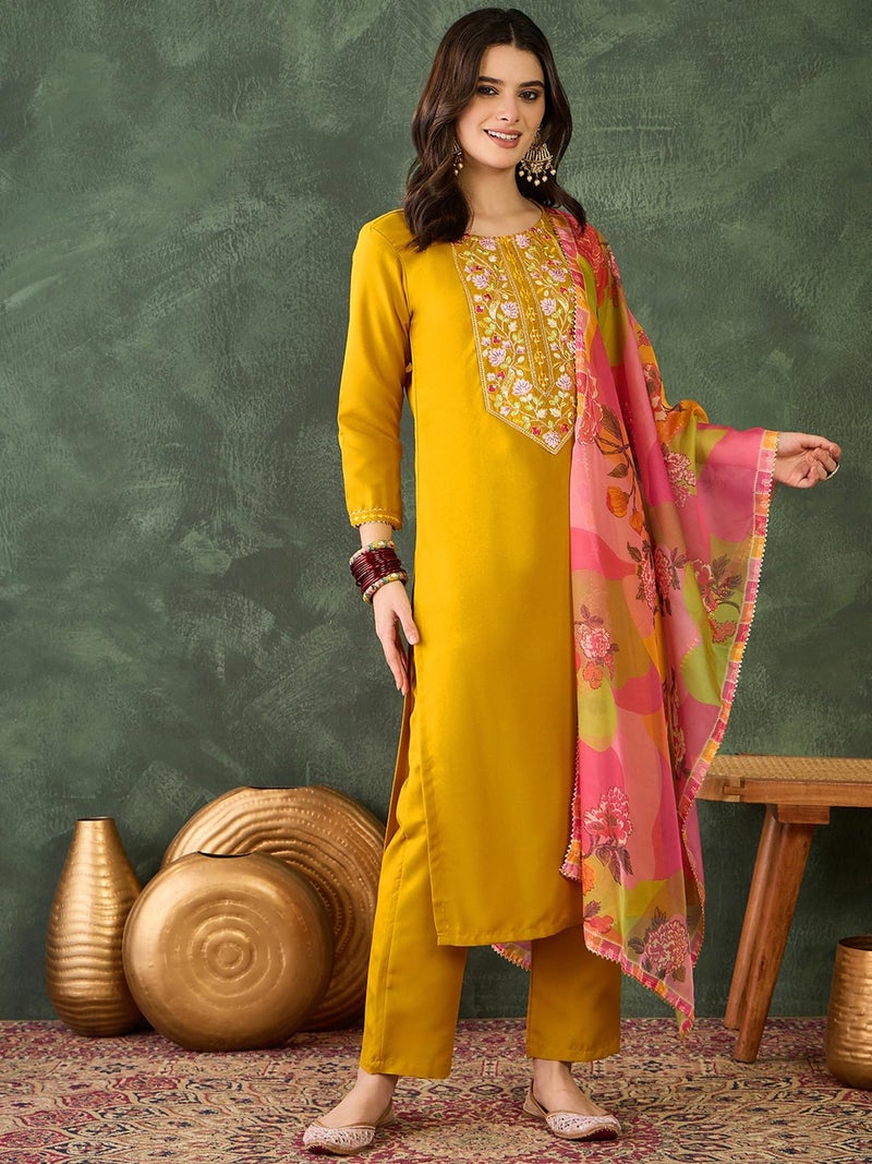 Naixa Women's Rayon Embroidered Straight Kurta with Pant and Dupatta Sets (NX-506-Yellow-M) - Image 2