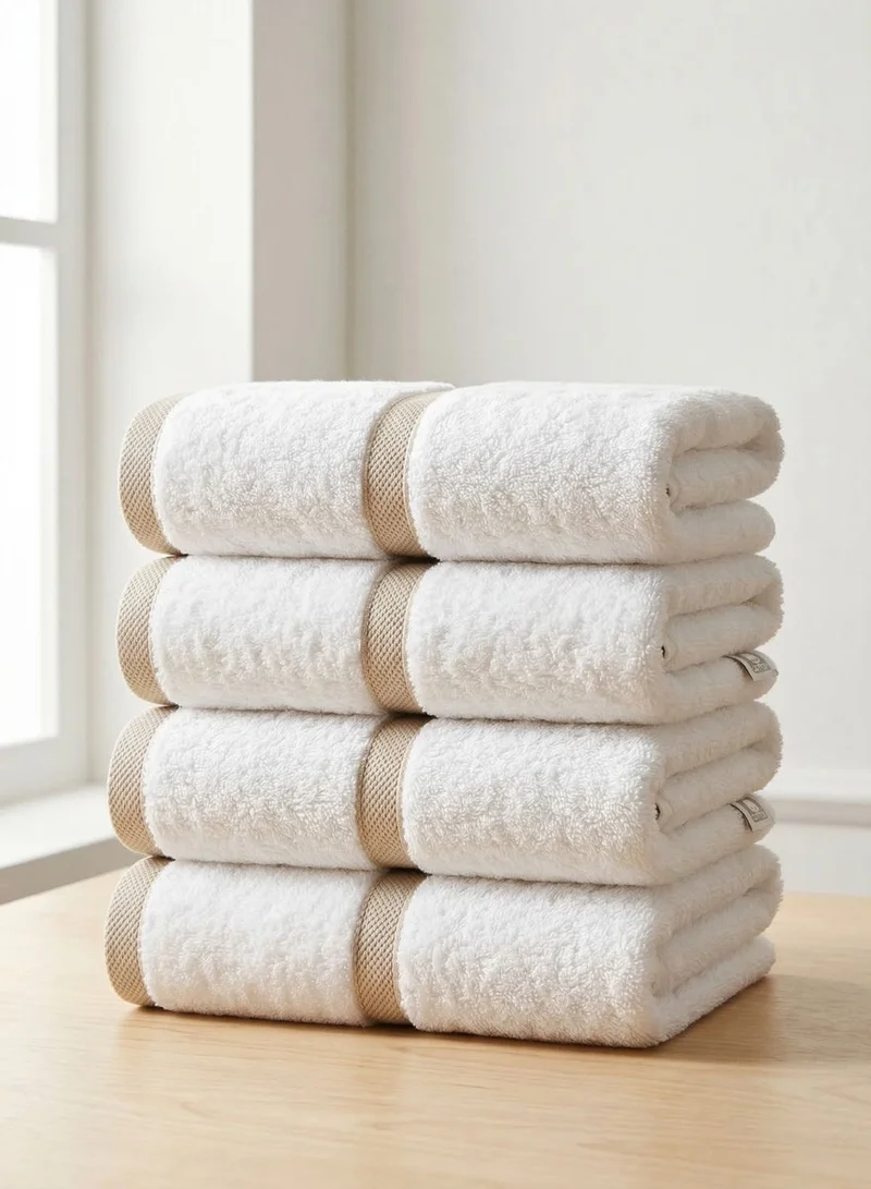 1 تشيس طقم مناشف يد مكون من 4 قطع - مناشف حمام ناعمة وماصة مصنوعة من القطن الخالص 100% بوزن 600 غرام/متر مربع، بحواف مخططة بيج، مناشف سميكة فاخرة للاستخدام المنزلي والمنتجعات الصحية والفنادق