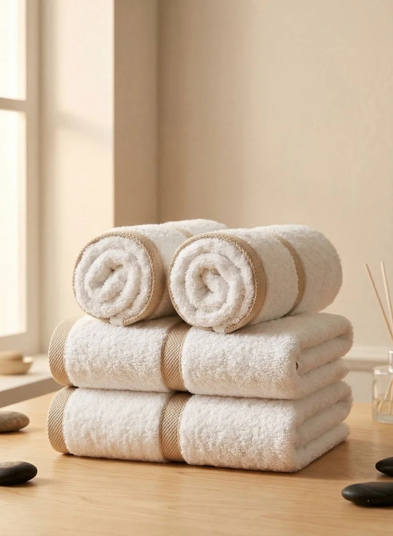1Chase White/Beige Hand Towel 4-Piece Set – 100% Cotton 600 GSM Soft & Absorbent Bathroom Towels with Beige Border Stripe, Premium Thick Towels for Home, Spa & Hotel Use  | Best Price UAE