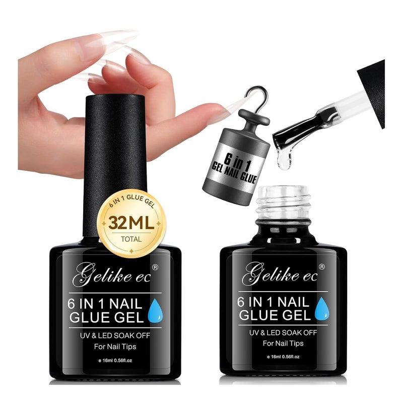 gelike ec 6 in 1 Nail Glue Gel 32ML 2PCS: Extra Strong Nail Glue for Clear Acrylic Nails - Long Lasting Extension Gel Adhesive UV Nail Glue for Clear Press On Nail Tips Nail Polish, UV Cure Required… - Image 1