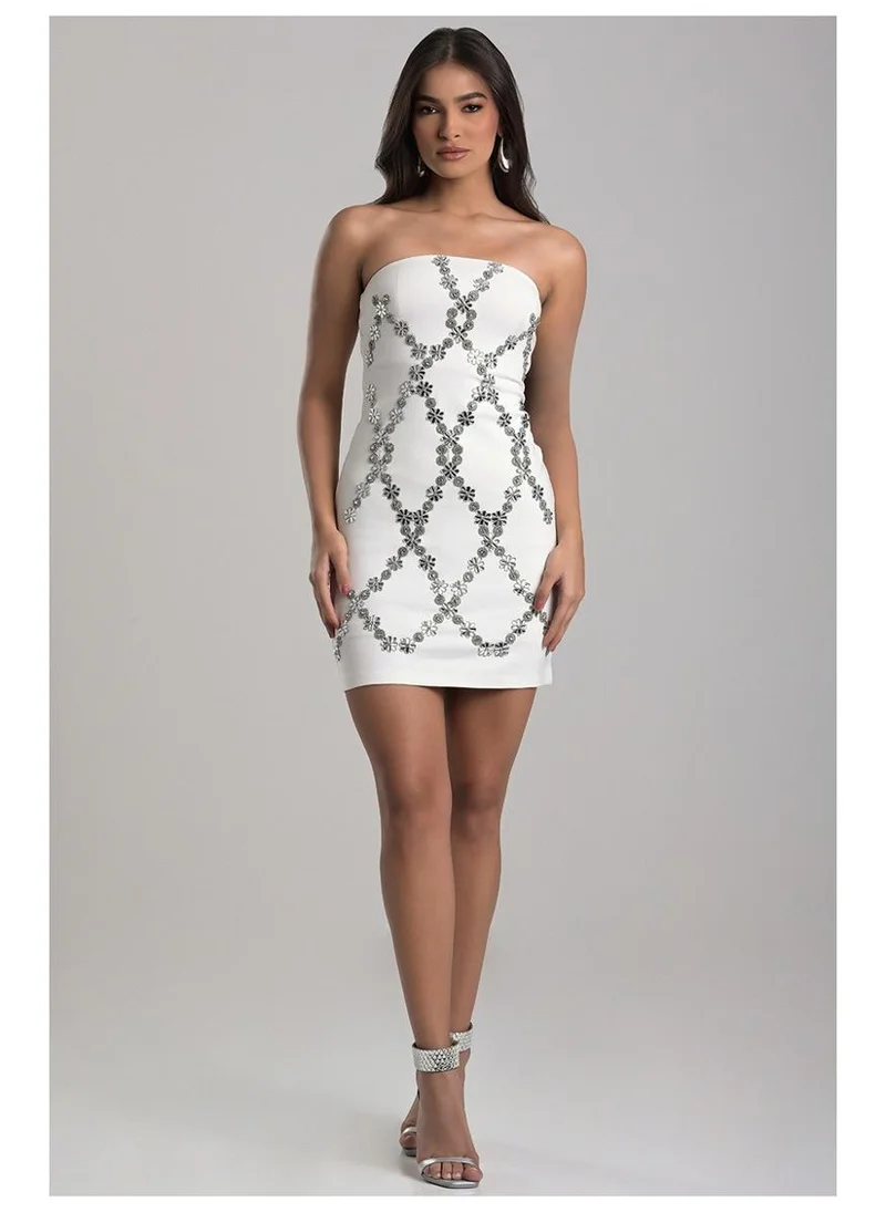 Off-white Strapless Dress Embroidered with Crystals