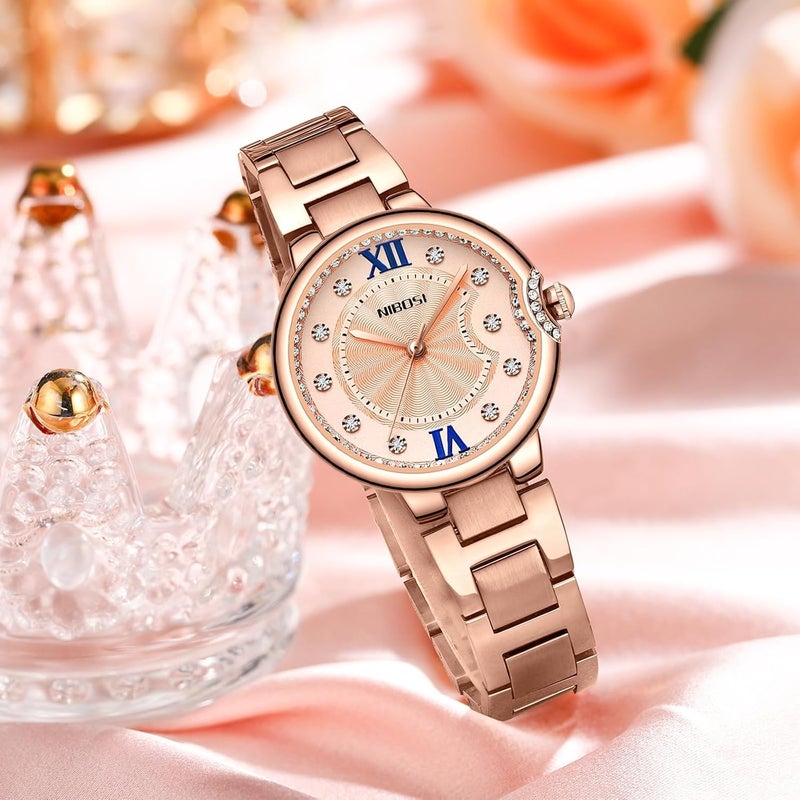 NIBOSI Women's Analog Quartz Rose Gold Diamond Watch - Minimalist Waterproof Stainless Steel Casual Wrist Watch - Image 5