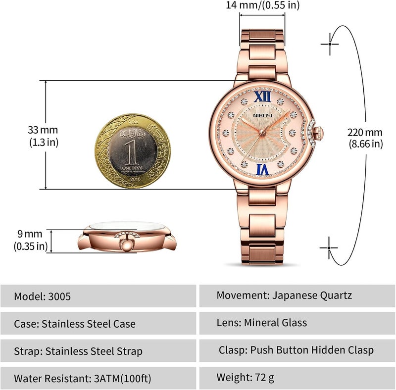 NIBOSI Women's Analog Quartz Rose Gold Diamond Watch - Minimalist Waterproof Stainless Steel Casual Wrist Watch - Image 2
