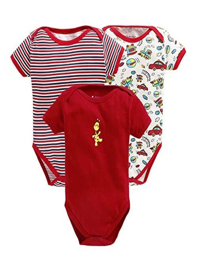 TiniBerry Cotton Baby Bodysuit Short Sleeve Half Romper Pack of 3 Soft & Comfortable for Kids (3-6 Months, Red) - Image 1