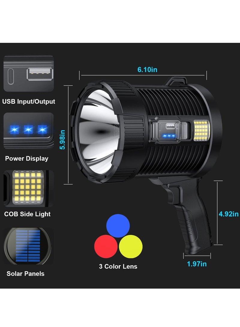 Rechargeable Spotlight, 100000 Lumens Led Spot Lights Handheld Large Flashlight Super Bright Outdoor Solar Spotlights Searchlight with Cob Light, 6 Modes, IPX5 Waterproof - Image 3