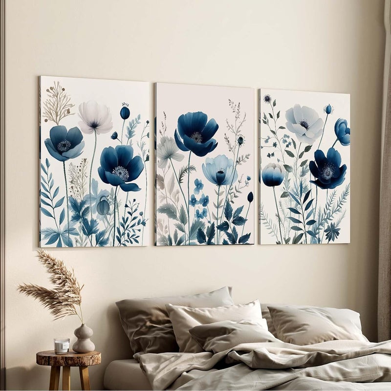ARS Graphics ARS® Set of 3 Blue Floral Canvas Wall Art Prints - Pre-Framed for Home Décor - Image 2