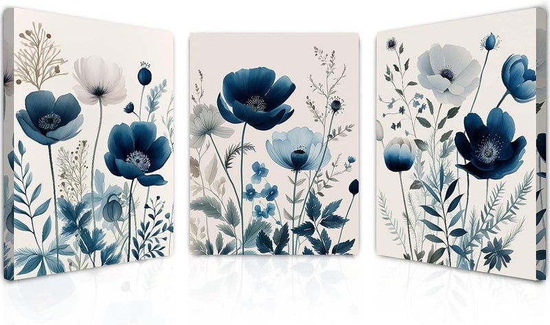 ARS Graphics ARS® Set of 3 Blue Floral Canvas Wall Art Prints - Pre-Framed for Home Décor - Image 1