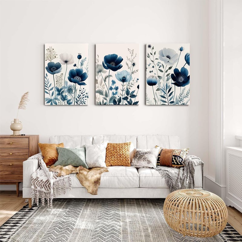 ARS Graphics ARS® Set of 3 Blue Floral Canvas Wall Art Prints - Pre-Framed for Home Décor - Image 3