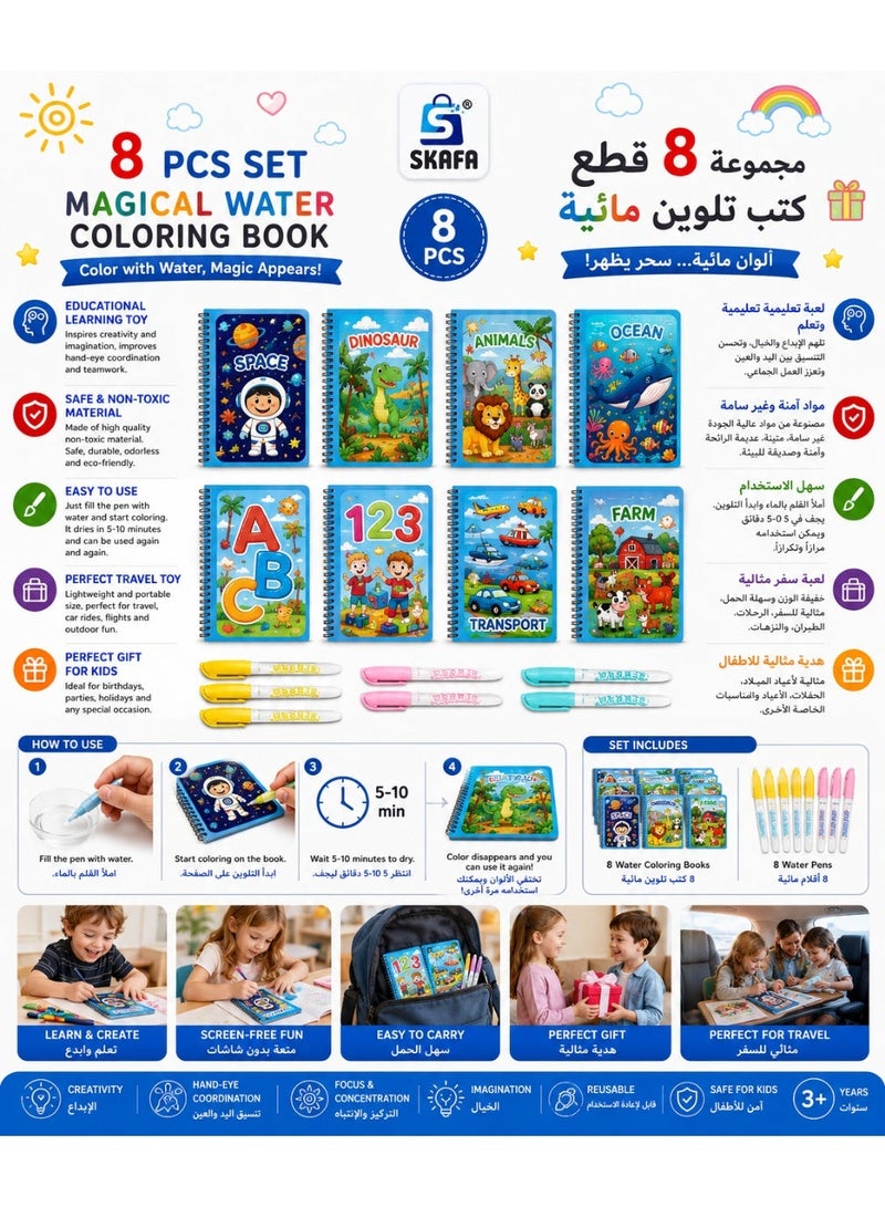 سكافا كتاب تلوين مائي سحري مع قلم مائي ٨ قطع | كتاب تلوين مائي كرتوني | كتاب تلوين/رسم قابل لإعادة الاستخدام للأطفال الصغار، هدايا تعليمية، أفضل هدايا عيد الميلاد. (٨) - Image 1