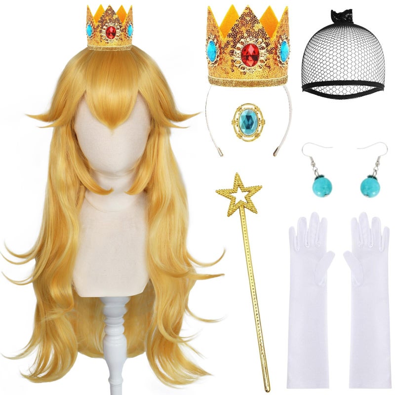 ANOGOL Hair Cap 28 Inch Princess Wig for Women Golden Long Wavy Peach Cosplay Anime Synthetic Hair for Halloween Party Costume 1 Crown 1 Wand 2 Earrings 2 Gloves 1 Brooch