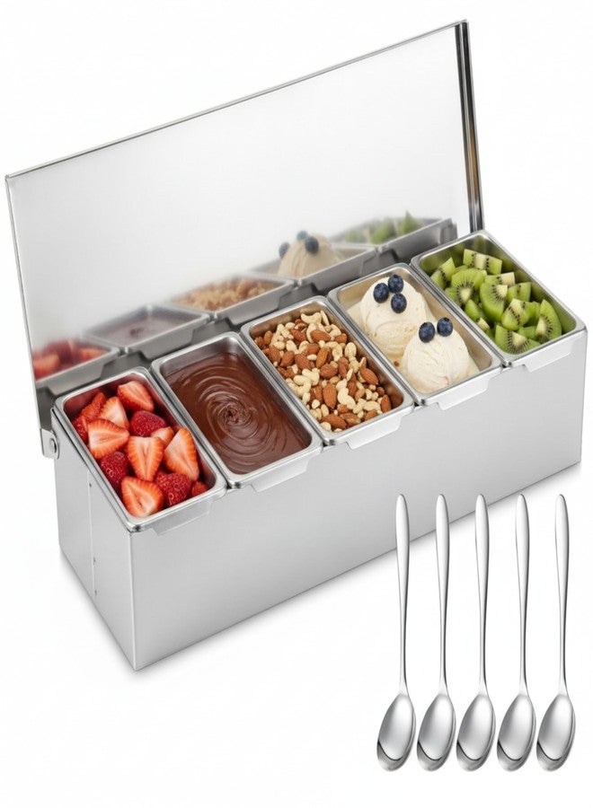 Ferrochef 5 Compartments Stainless Steel Chilled Condiment Tray, Garnish Tray with 5 Removable Compartments, Condiment Dispenser with Lid, Fruit Serving Containers - Image 1